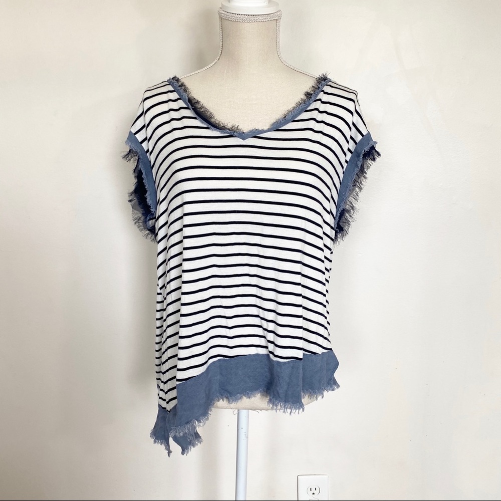 🌿Bleu Chambray & Stripe Frayed Hem Top Size XL